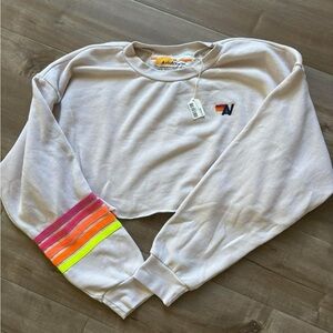 Aviator Nation Cream Cropped Sweatshirt with Neon Stripes
